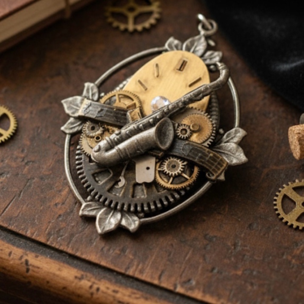 Dixi Steampunk Saxophone Brooch/Pendant with Clock Gears
